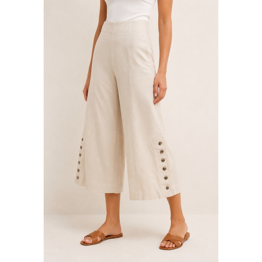 Anthropologie Women's 2 Linen Blend Wide Leg Sailor Pants Cream Side Buttons